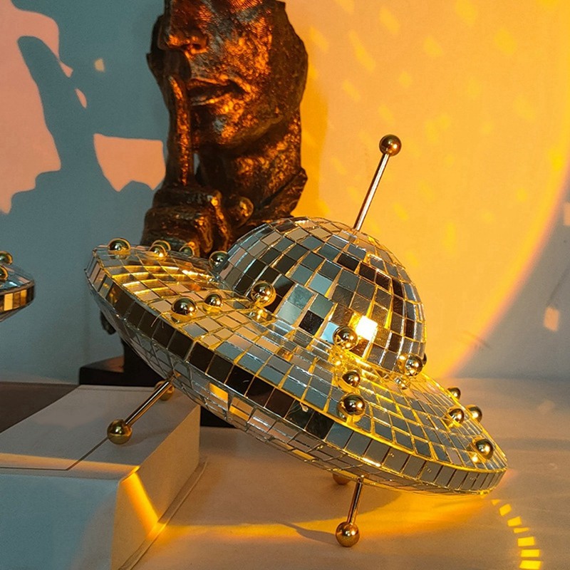Gương Phản Quang Bóng Disco Ball UFO Phụ Kiện Bàn Làm Việc Dễ Thương Vật Dụng Thu Nhỏ Trang Trí Nhà Cửa Thẩm Mỹ Vàng Hiện Đại