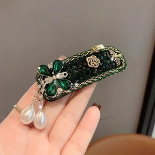 MAUROPOLI [Sẵn Sàng] Retro Ngọc Lục Bảo Full Kim Cương Kẹp Tóc Hoa Kim Cương Giả Tua Rua Ngọc Trai Phá Kẹp Ánh Sáng Sang Trọng
