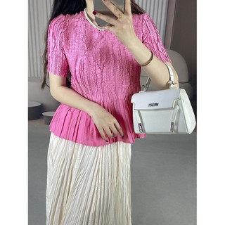 Miyake Xếp Ly Thiết Kế Công Nghiệp Nặng Nổi Cổ Tròn Top Mùa Hè Giảm Tuổi Ôm Hơn Nhìn Phù Hợp Với Tính Khí Áo Thun
