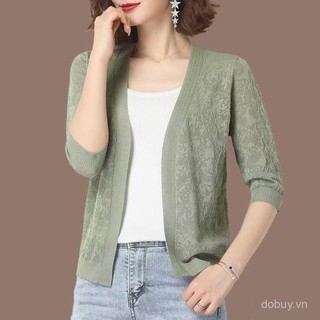 Áo cardigan nữ màu trơn tay ngắn/dài cổ V tay dài mỏng Áo cardigan dệt kim lụa lạnh rỗng rộng rãi
