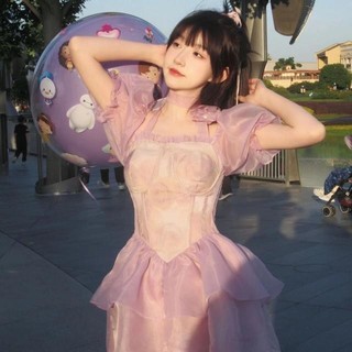 Váy Liền Tay Bồng Phong Cách Ngây Thơ Tình Đầu Kiểu Pháp Váy Bồng Công Chúa Siêu Tiên Nữ Mùa Hè Dáng Người Nhỏ