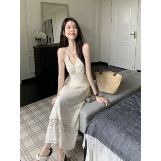 Đầm Ren Dây Phong Cách Pháp Dành Cho Phụ Nữ Kỳ Nghỉ Hè Đi Biển Đầm Dài Không Lưng Thanh Lịch