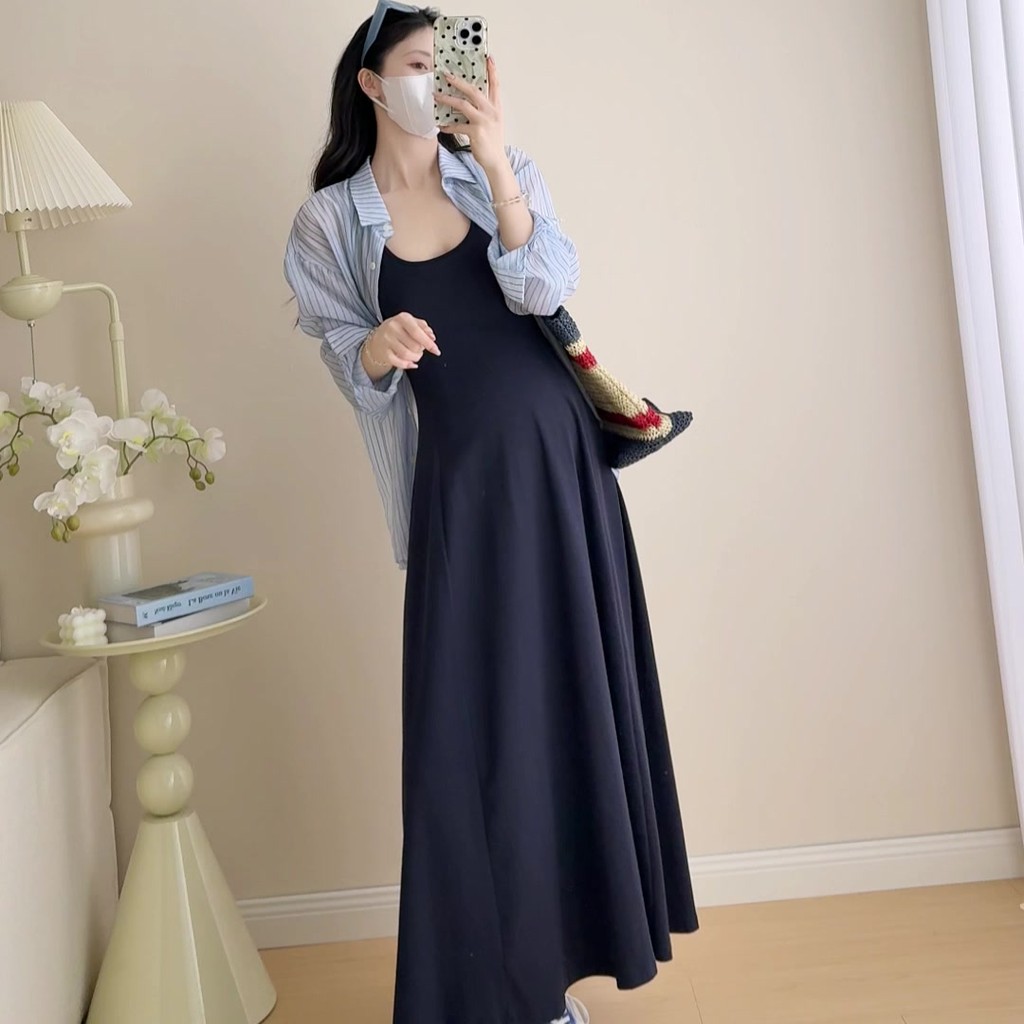 Bộ đồ bà bầu Mùa hè Phiên bản Hàn Quốc Váy dáng ôm hơn + Áo sơ mi sọc chống nắng Bộ đồ hai mảnh