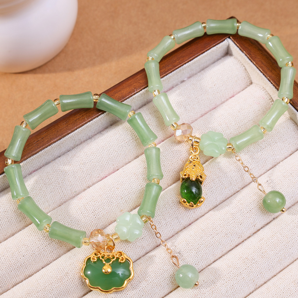 1 / 2 Chiếc Cổ Tay Retro Xanh Tre Khớp Đính Hạt Vòng Tay Trang Sức - Tốt May Mắn Vintage Mới Phong Cách Trung Quốc Đàn Hồi Tay Dây Chuyền Phụ Kiện
