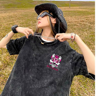LOCAL BRAND Áo thun Wash Đầu Lân Phong Cách Unisex Form Rộng / Áo thun Đầu Lân Phông Màu Phong Cách Âu Mỹ