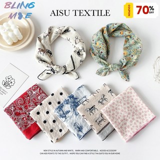 Khăn cotton vuông nhỏ mùa xuân, vải cotton-lanh, họa tiết in, dễ phối trang phục