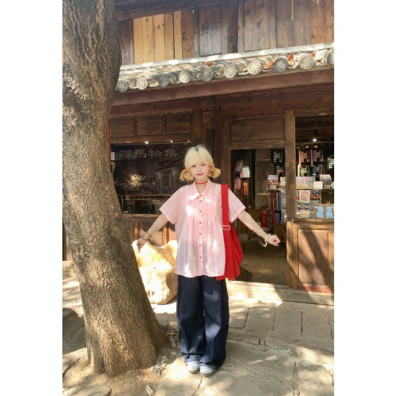 SUXI Áo sơ mi ngắn tay sọc đơn giản trong suốt mùa hè mới dành cho nữ 250528