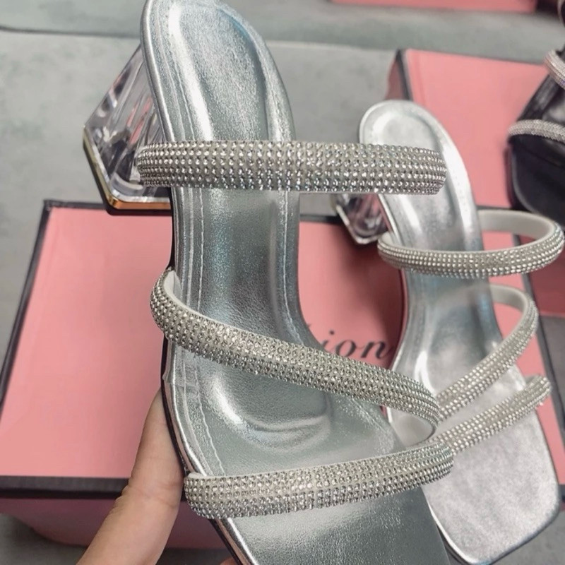 Dép Sandal Cao Gót Quai Dây Đá, Guốc Cao Gót Đế Vuông Trong Suốt  7cm - Cin Shoes
