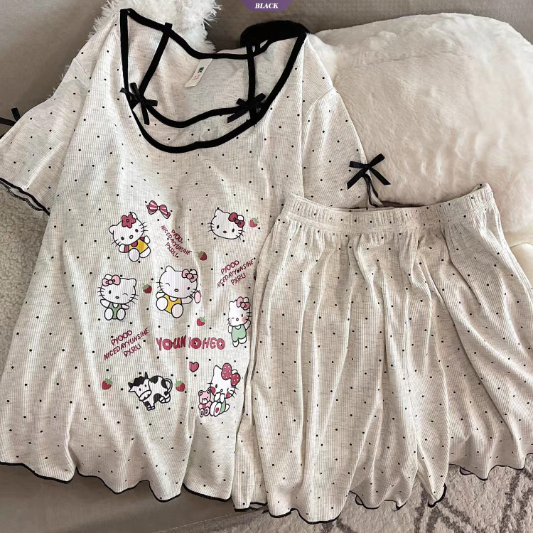 Quần Short ngắn tay mùa hè Bộ đồ ngủ nữ có miếng đệm ngực 2025 Bộ đồ mặc nhà HelloKitty mới [BL]