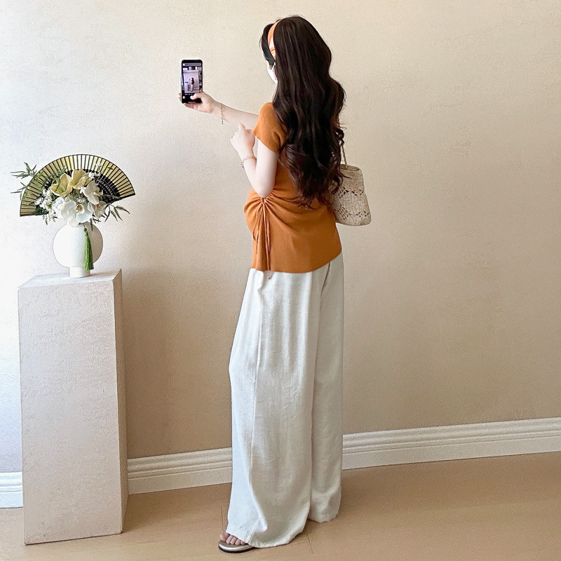 Bộ đồ bà bầu Áo ngắn tay có dây rút mùa hè + Quần ống rộng Bộ đồ hai mảnh