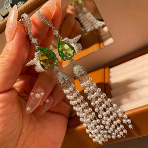 Bông tai ngọc trai tua rua phong cách dài Zircon sang trọng