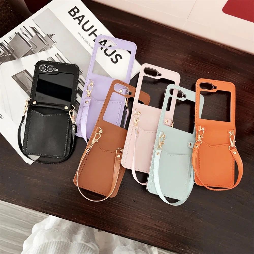 Dây Đeo Cổ Tay Da Ốp Lưng Điện Thoại Samsung Galaxy Z Flip 6 5 4 3 Flip6 Flip5 Flip4 Ví Khe Cắm Thẻ Bảo Vệ