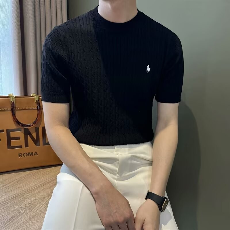 Mùa hè Mới Thêu Đan Tay Ngắn Nam Slim Fit Áo Thun Công Sở Thường Ngày