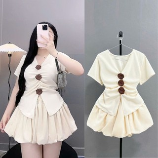 Áo bigsize nữ  kiểu tiểu thư tay ngắn đính hoa xinh phối chân váy có lót trong xòe cho nàng chuppy -A275+CV413