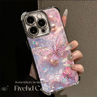 Vỏ mạ sang trọng hình bướm pha lê màu hồng Ins Hàn Quốc cho IPhone 16 11 12 13 14 15 16E Pro Xs Max X Xr 7 8 Plus SE Vỏ điện thoại TPU mềm Vỏ bảo vệ chống rơi Vỏ chống sốc