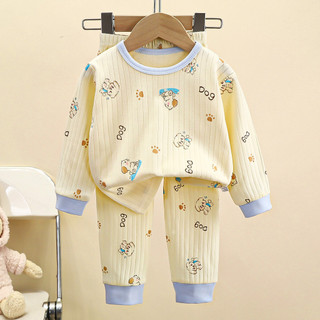 Bộ Đồ Lót Trẻ Em Phong Cách Mới Xuân Thu Hàn Quốc Sọc Dọc Homewear Cotton Quần Áo Mùa Thu Quần Dài Bé Trai Bé Gái Bộ Đồ Ngủ