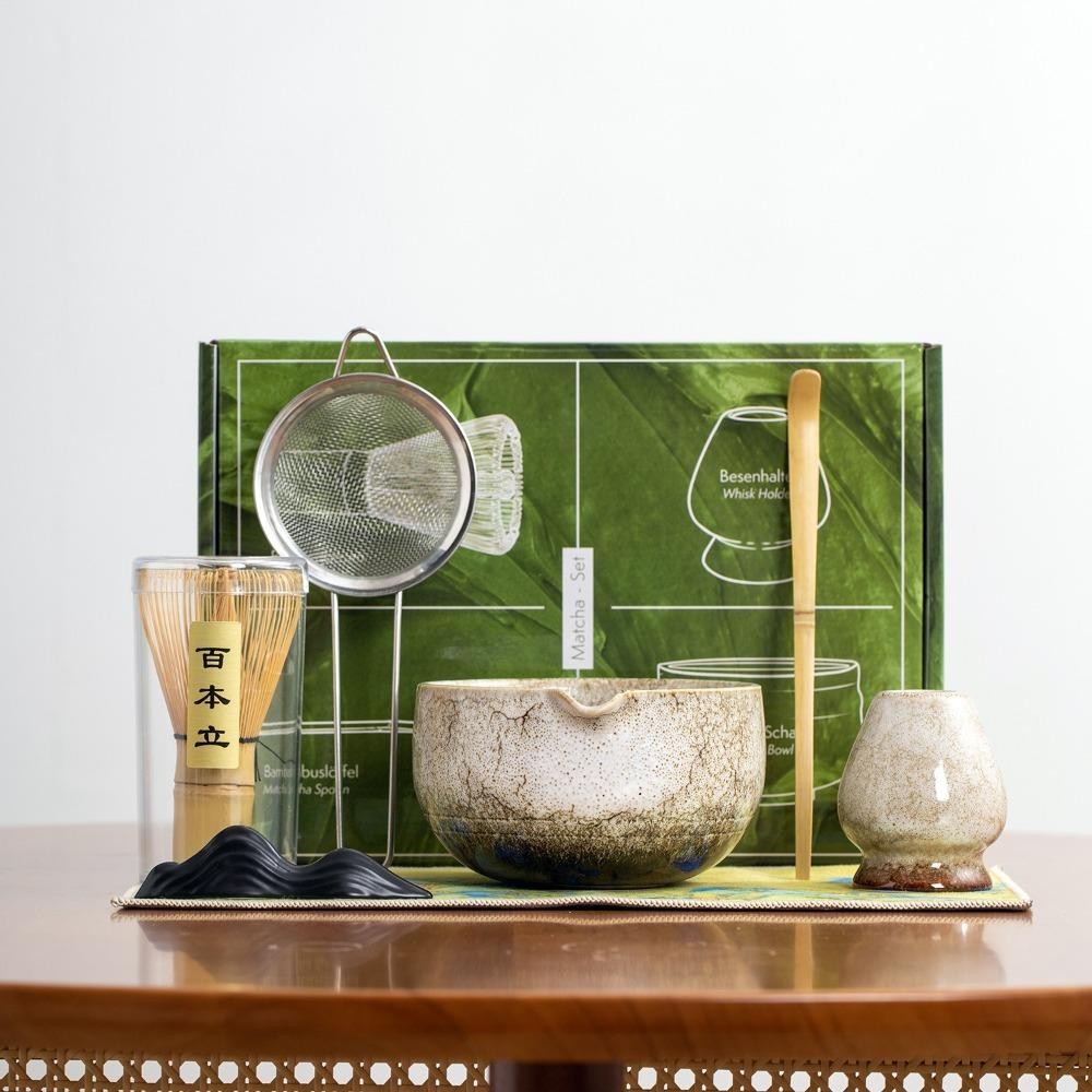 Bộ trà Matcha 7 món SLICELIFE, Máy đánh trứng Matcha truyền thống Nhật Bản bằng gốm tre, Bàn chải khuấy có thể tái sử dụng Dụng cụ làm trà