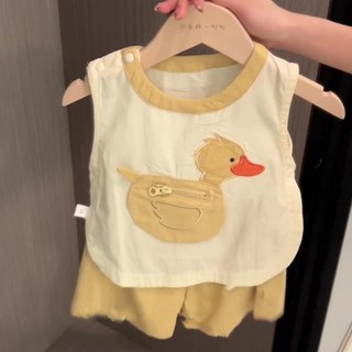 Bộ áo vest và quần short mùa hè cho trẻ em, phong cách Hàn Quốc, bé trai và bé gái, túi vịt dễ thương, bộ hai mảnh màu vàng thoải mái