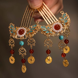 MAUROPOLI [Hàng có sẵn] [Yaohua] Phong cách cổ xưa Little God of Wealth Đồng xu Lược chải tóc Hanfu Phụ kiện tóc Năm mới Giả Chấm ngọc lục bảo Mũ đội đầu Váy ngựa Phụ kiện nữ