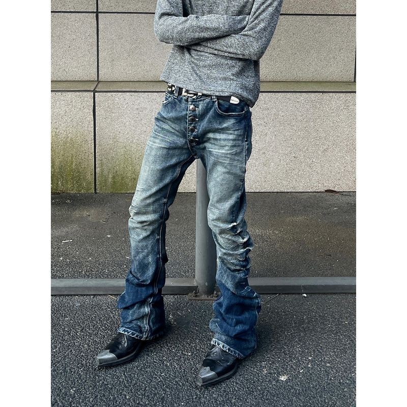 ThaliaWisp Quần jean denim loe cổ điển đường phố cao với nếp gấp và nút cho nam