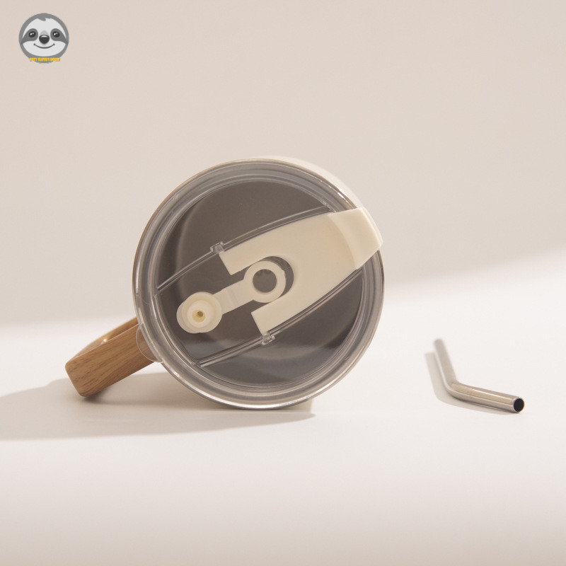 Phong cách Nhật Bản Phong cách Muji / Tay cầm hạt gỗ giả Cốc hai lớp bằng thép không gỉ có nắp / Cốc nước bằng thép không gỉ có ống hút / Cốc cà phê văn phòng