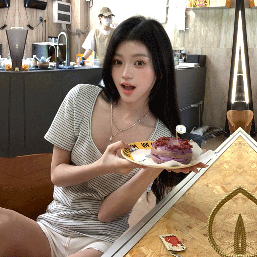 SUXI Áo thun ngắn tay sọc đơn giản dành cho nữ mùa hè mới 250530