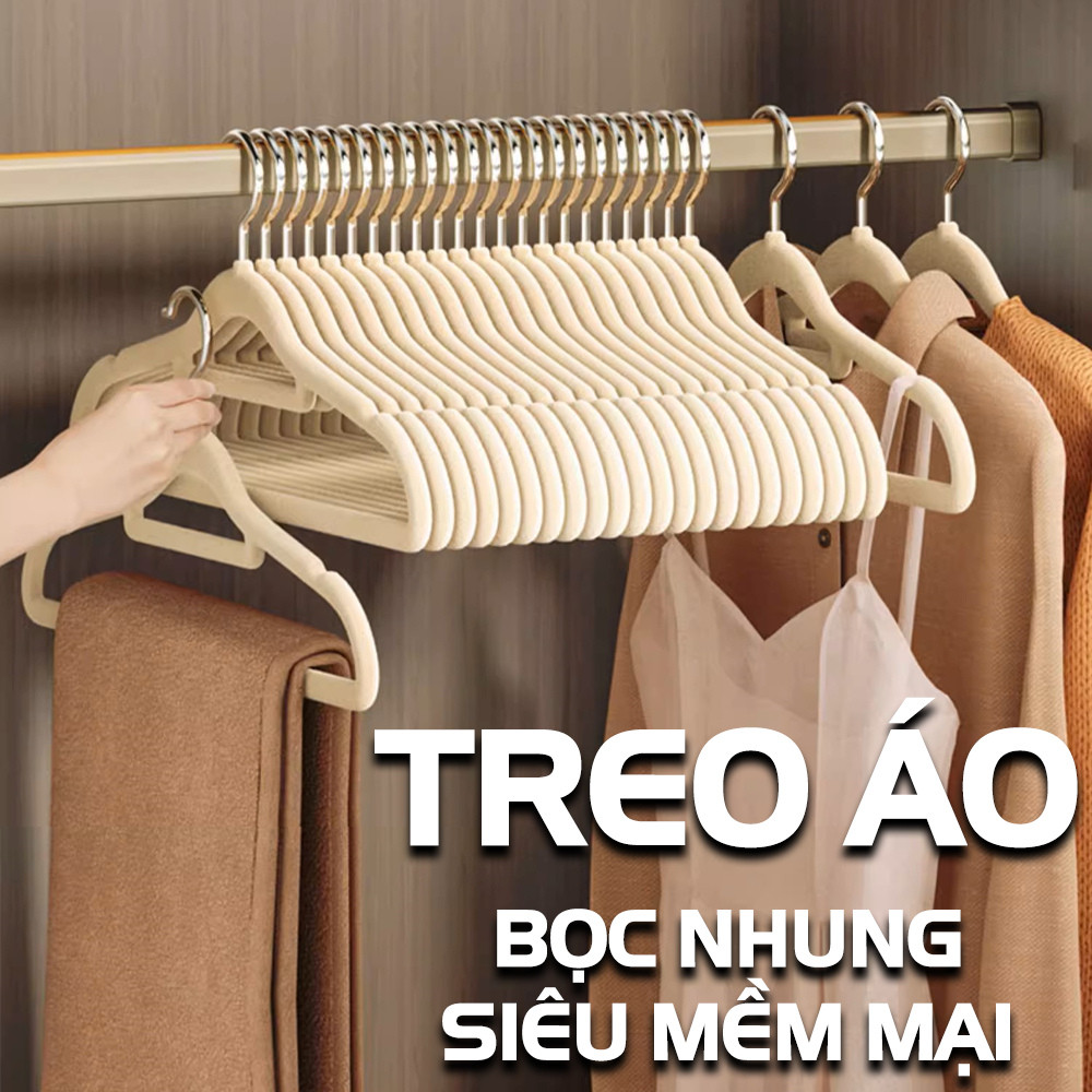 Combo 10 Móc treo quần áo nam nữ bọc nhung siêu mỏng chống trượt tiện dụng, đầu móc xoay 360 độ