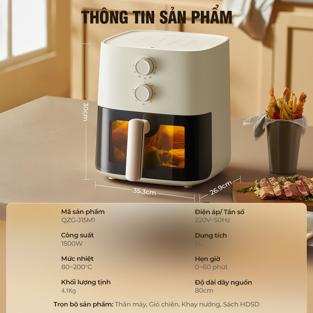 Nồi Chiên Không Dầu 5L Bear QZG-J15M1 (AF-4H15K)/ QZG-H15U8 (AF-5H15Y37) | 1500W - Cửa Kính Trong Suốt - Không Cần Lật