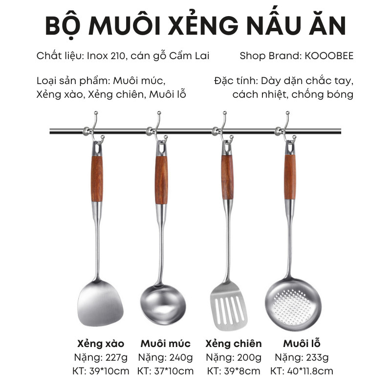 Bộ Muôi Xẻng Inox Cán Gỗ Cẩm Lai KOOBEE Cao Cấp – Muôi Múc Canh, Muôi Lỗ, Xẻng Xào Đảo Lật Thức Ăn Chuyên Dụng | 299