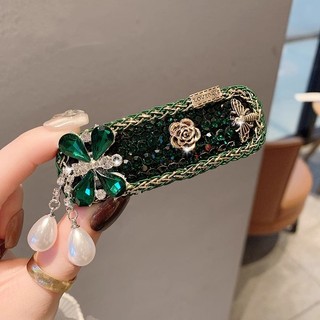 MAUROPOLI [Sẵn Sàng] Retro Ngọc Lục Bảo Full Kim Cương Kẹp Tóc Hoa Kim Cương Giả Tua Rua Ngọc Trai Phá Kẹp Ánh Sáng Sang Trọng