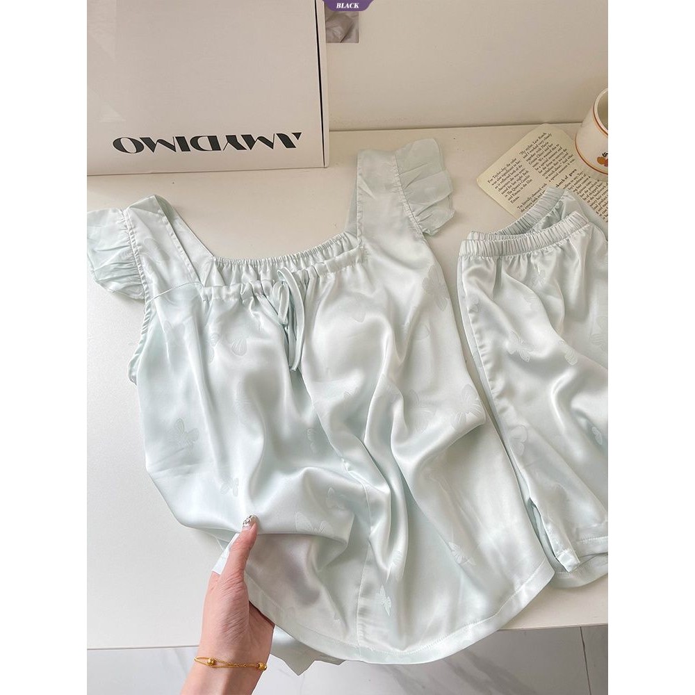 Bộ đồ ngủ bằng lụa băng mới mùa hè in nơ nhỏ tay bay dành cho học sinh [BL]