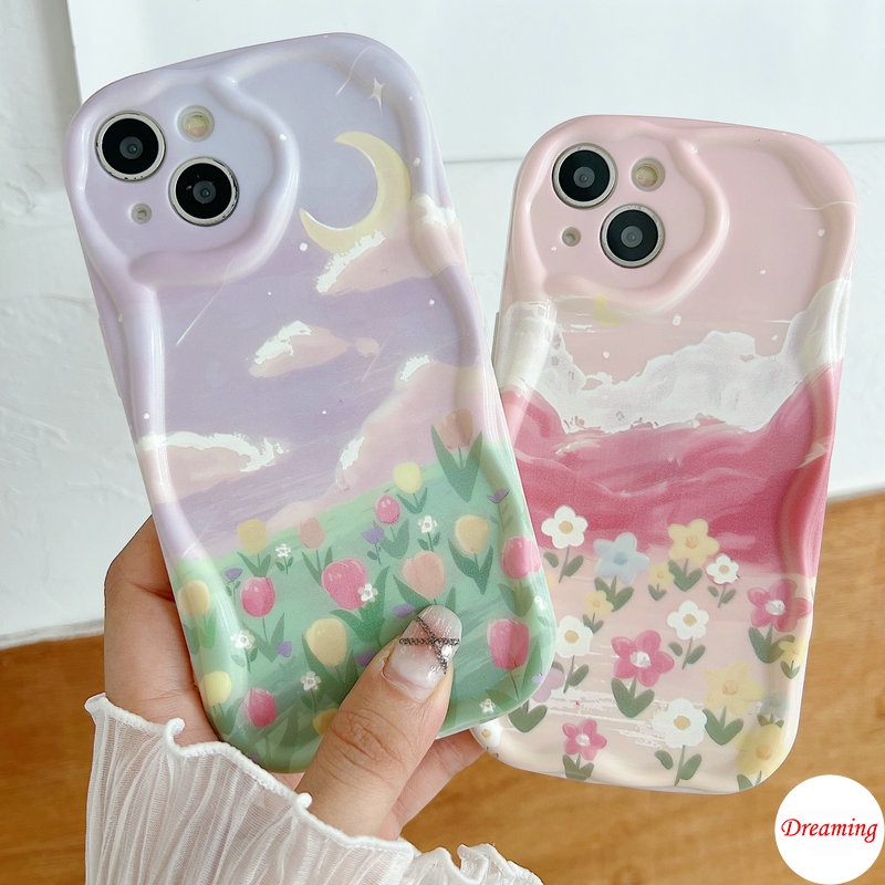 Ốp Lưng Samsung Galaxy A05 A02 A03 A04 A13 A14 A15 A20 A50 A30 A22 A23 A24 A25 A31 A32 A33 A34 A35 A51 A55 M34 Kem Vồng Cong Edge Motif Mặt Trăng Mây Và Hoa
