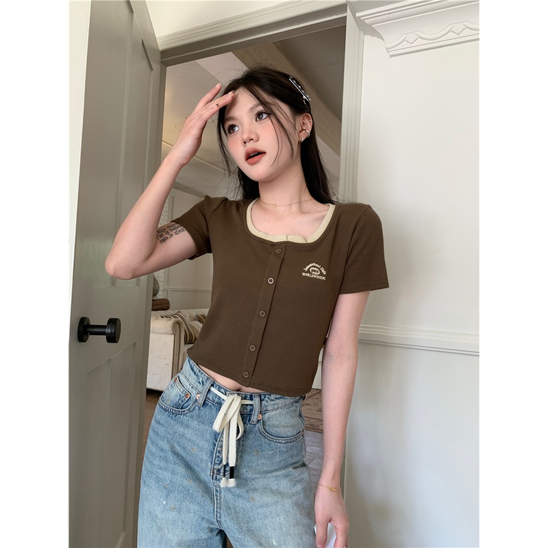Áo Thun Lửng Cổ Vuông Eo Cao Dáng Ôm Thêu Họa Tiết Xinh Xắn Phong Cách retro Mỹ