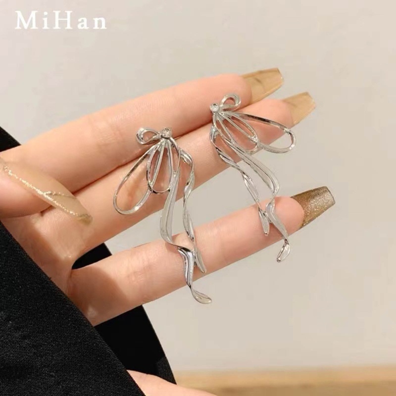 Bông tai nơ ruy băng kim loại không đều phóng đại FL dành cho nữ Bông tai dài bé gái
