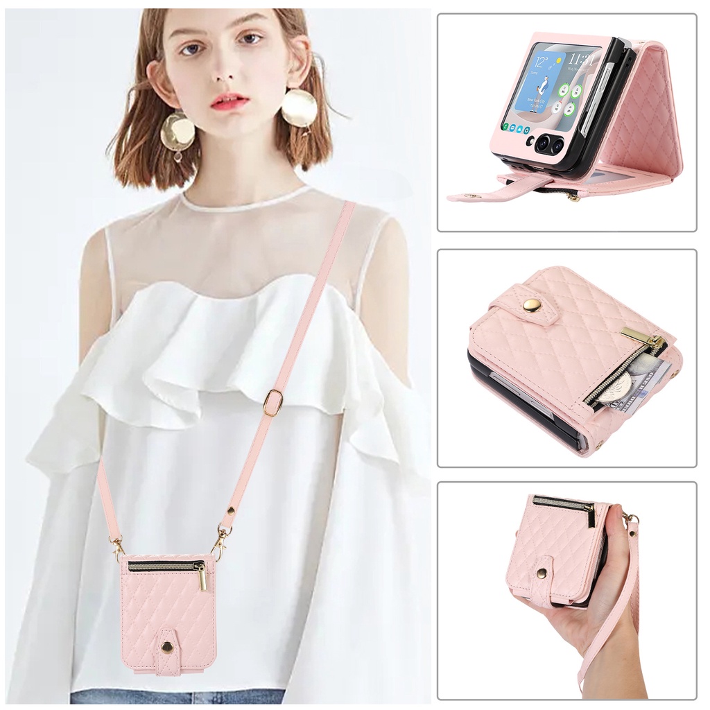 Ốp Điện Thoại Da Dây Đeo Ngang Cho Samsung Galaxy Z Flip 5 4 6 Flip5 Flip4 Flip6 5G Ví Có Và Khe Cắm Thẻ Bao