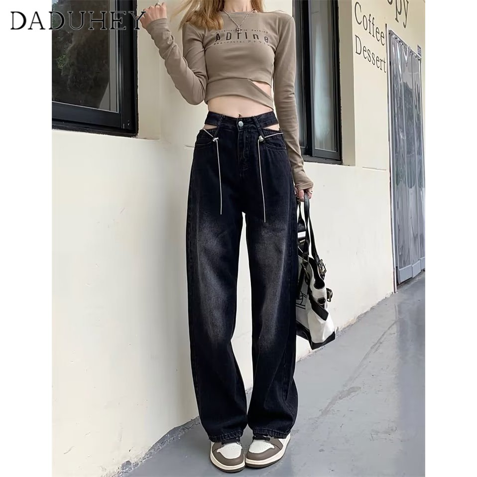 Ảnh Quần jean DADUHEY dài mỏng size lớn ống rộng cạp cao thời trang retro đường phố cao cấp kiểu Mỹ 3
