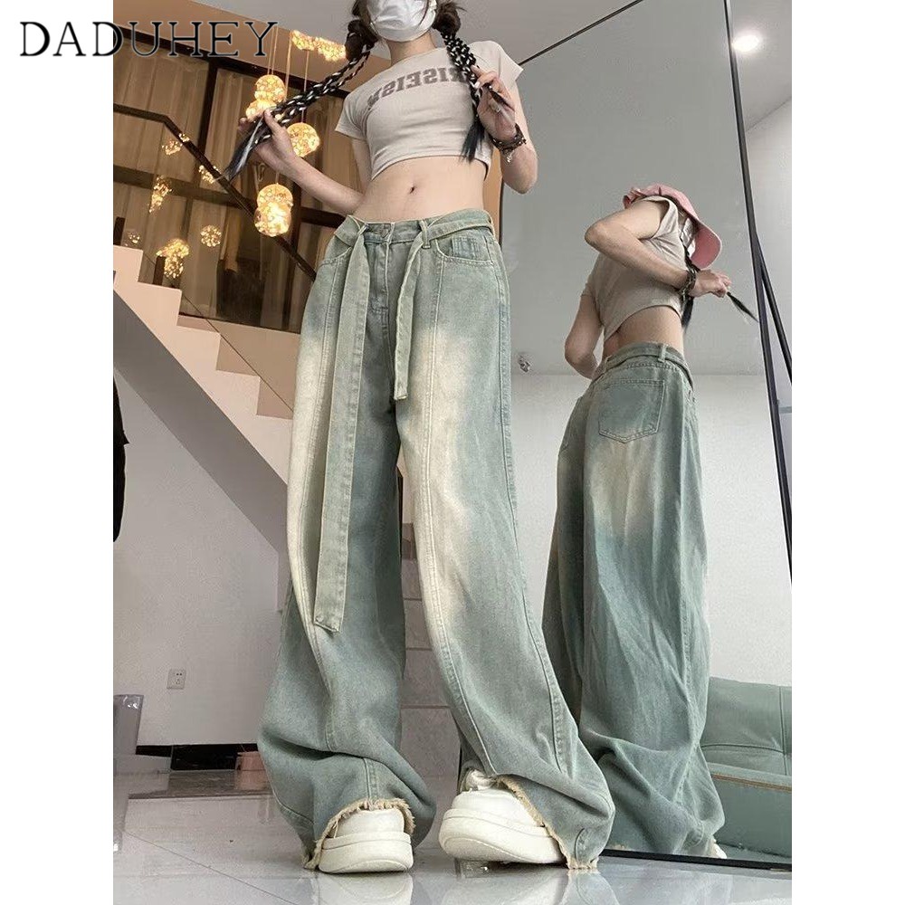 Ảnh DaDuHey New American Ins High Street Hip Hop Raw Edge Jeans Niche High Waist Wide Leg Pants Large Size Trousers 4