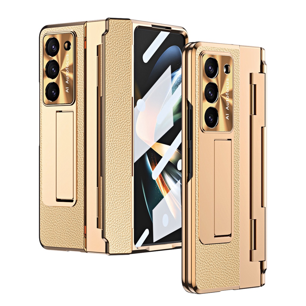 Ốp da mạ điện cho Samsung Galaxy Z Fold 5/4/6, bản lề chống rơi, bảo vệ, giá đỡ