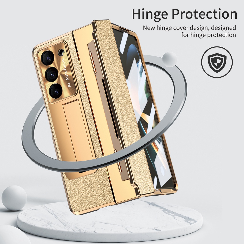 Ốp da mạ điện cho Samsung Galaxy Z Fold 5/4/6, bản lề chống rơi, bảo vệ, giá đỡ
