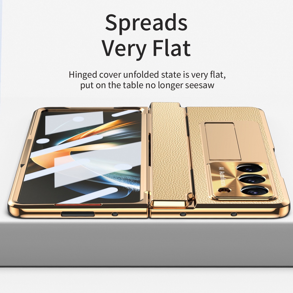 Ốp da mạ điện cho Samsung Galaxy Z Fold 5/4/6, bản lề chống rơi, bảo vệ, giá đỡ