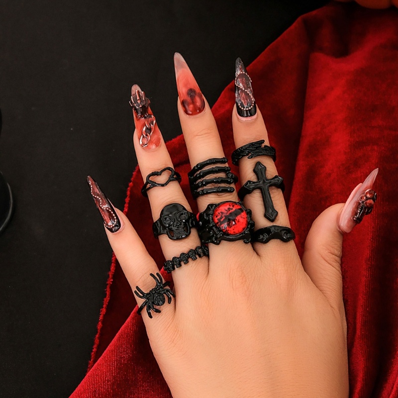 KIKIN Nhẫn Halloween 9 Chiếc - Hình Dạng Nhện, Đầu Lâu và Chữ Thập, Có Thể Xếp Chồng