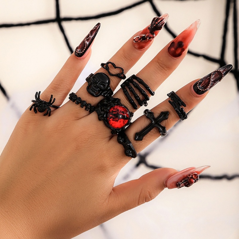 KIKIN Nhẫn Halloween 9 Chiếc - Hình Dạng Nhện, Đầu Lâu và Chữ Thập, Có Thể Xếp Chồng