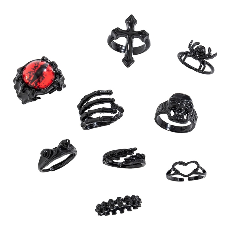 KIKIN Nhẫn Halloween 9 Chiếc - Hình Dạng Nhện, Đầu Lâu và Chữ Thập, Có Thể Xếp Chồng