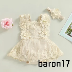 Bộ Áo Liền Quần Cổ Vuông Không Tay Phối Ren Hoa + Băng Đô Cài Tóc Thời Trang Mùa Hè Cho Bé Gái