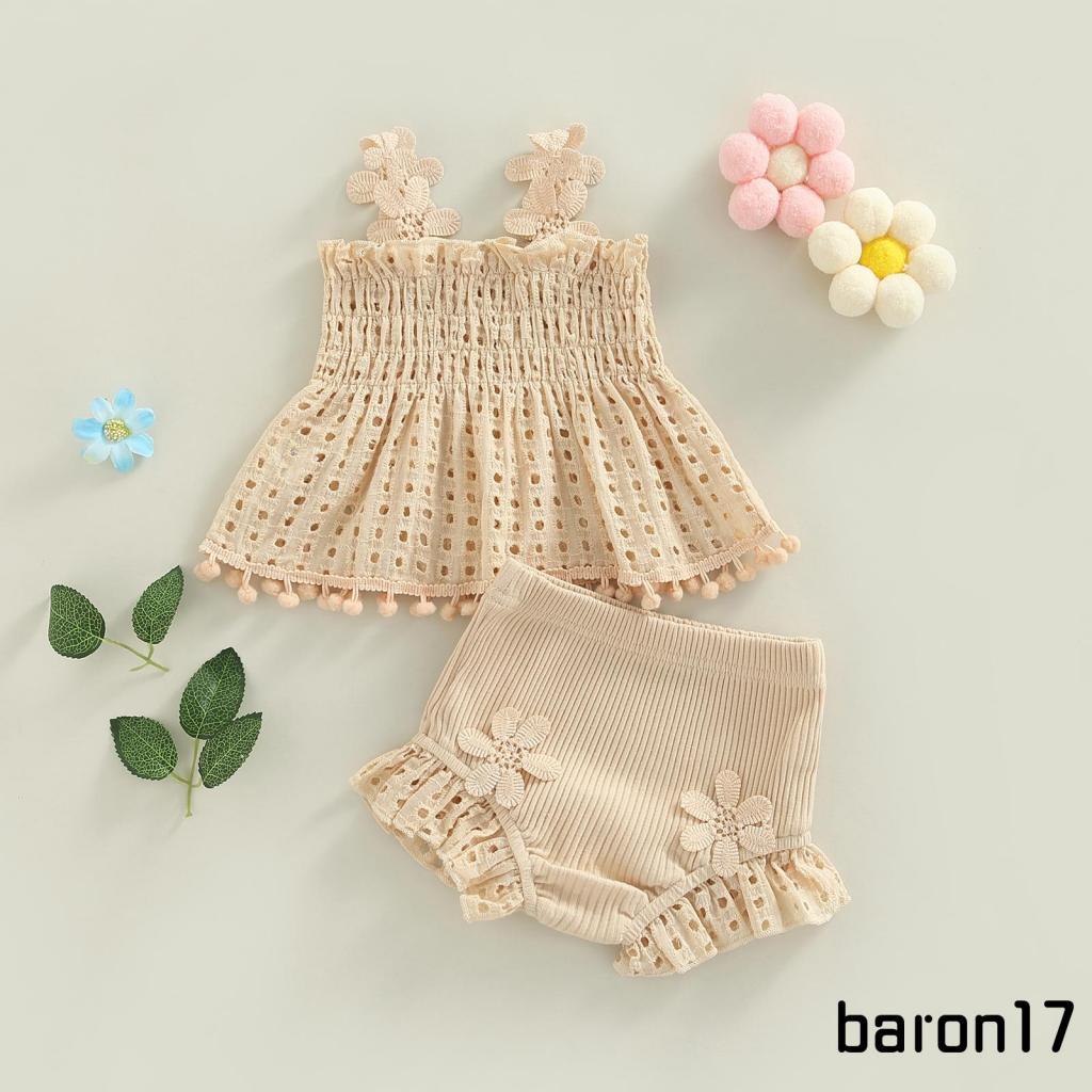 Set Đồ 2 Món Gồm Áo Không Tay Họa Tiết Hoa Rỗng Xếp Ly + Quần Ngắn Dệt Kim Cho Bé Gái Sơ Sinh