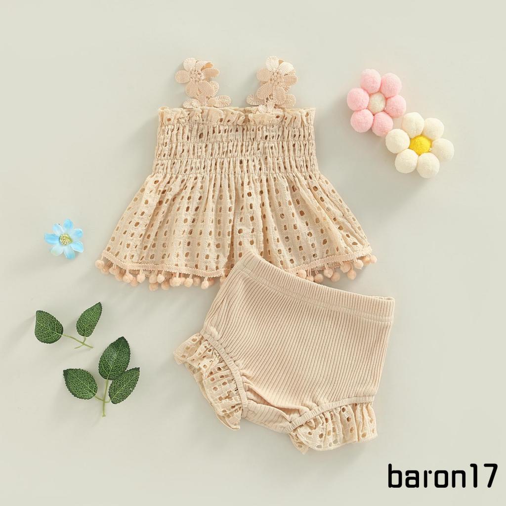 Set Đồ 2 Món Gồm Áo Không Tay Họa Tiết Hoa Rỗng Xếp Ly + Quần Ngắn Dệt Kim Cho Bé Gái Sơ Sinh