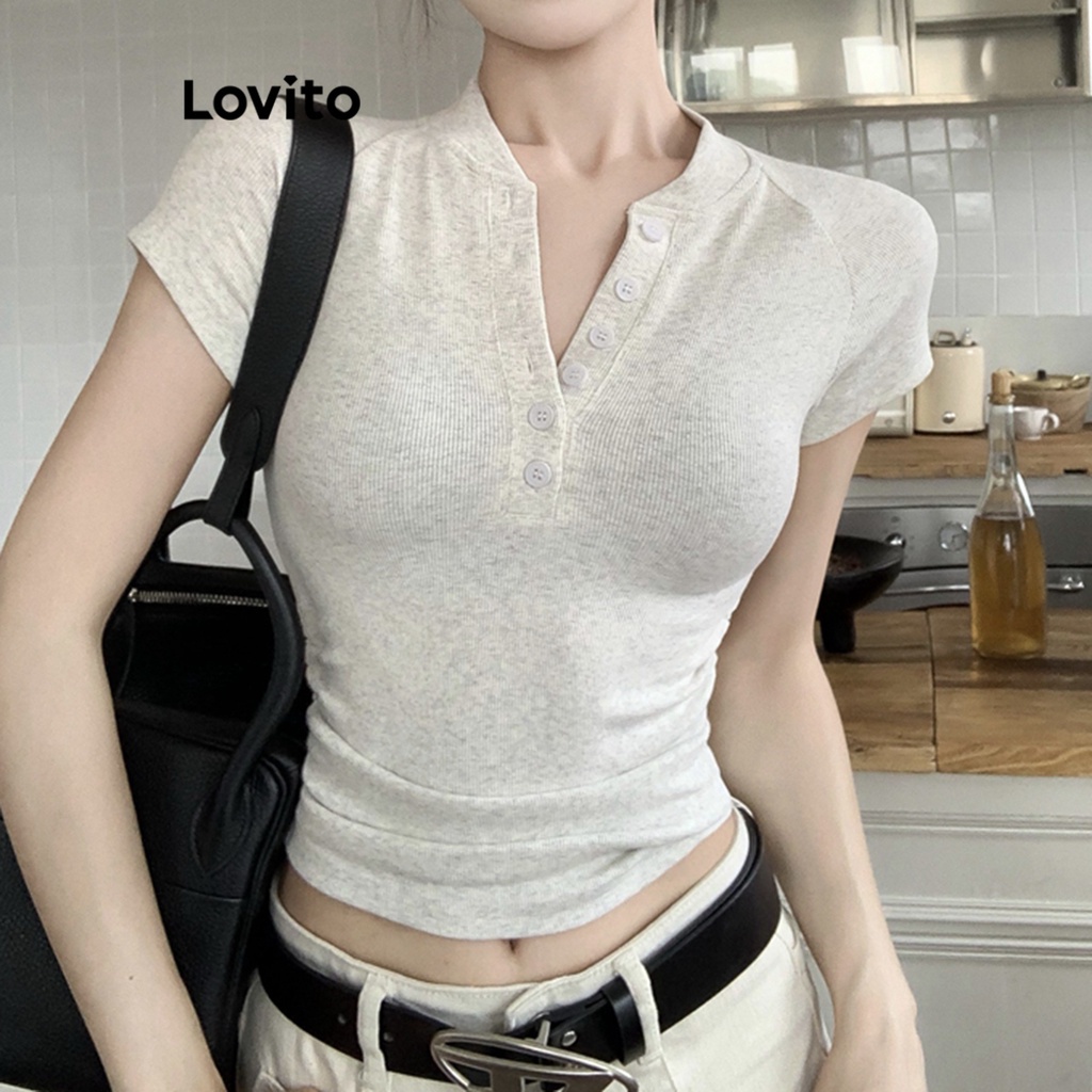 Áo thun Lovito cài nút trước màu trơn thường ngày cho nữ LNE16183 Màu xám nhạt
