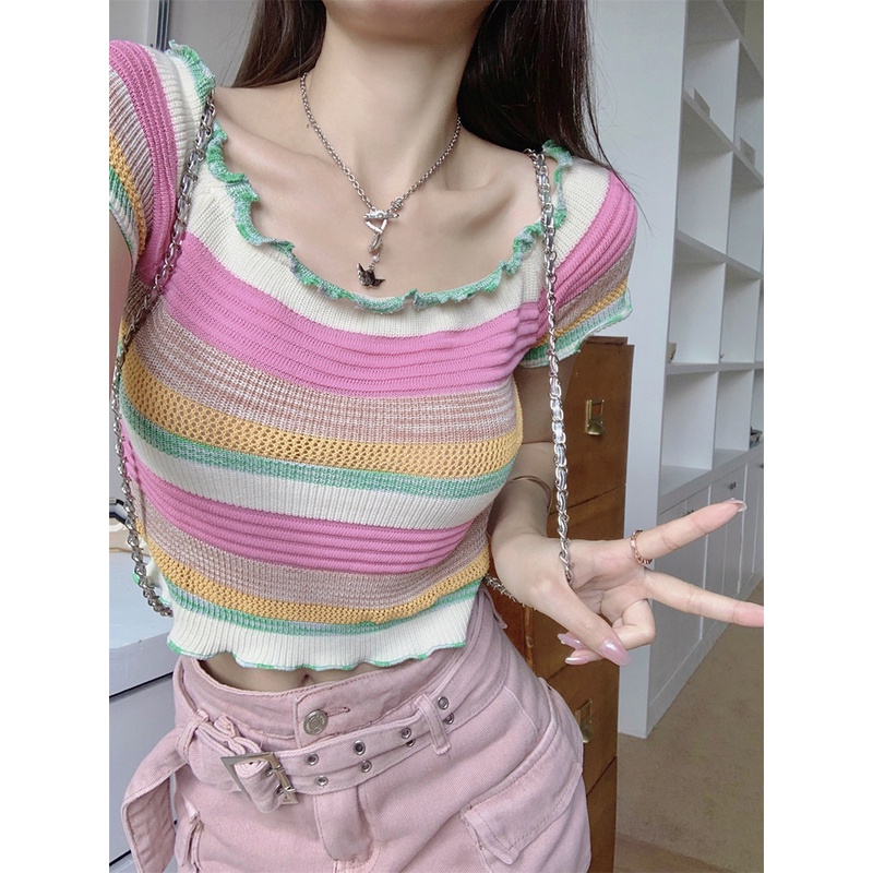 One Áo sweater Ngắn Tay Trễ Vai Họa Tiết Kẻ Sọc Màu Tương Phản Thời Trang edge