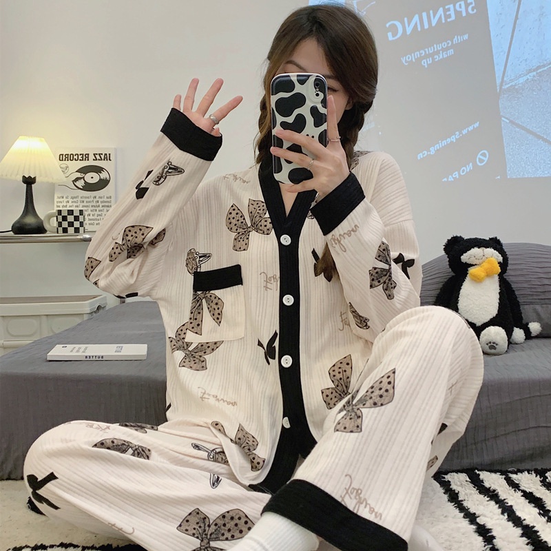 Bộ Đồ Ngủ Tay Dài Cổ Chữ v Phong Cách Phương Tây Dễ Thương Cao Cấp Cho Nữ [Lff08