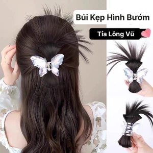 Tóc Giả Búi Kẹp Hình BƯỚM Giả Pha Lê Tỉa Lông Vũ, Tóc Giả Y2K Phong Cách Hàn Quốc QiQiShop